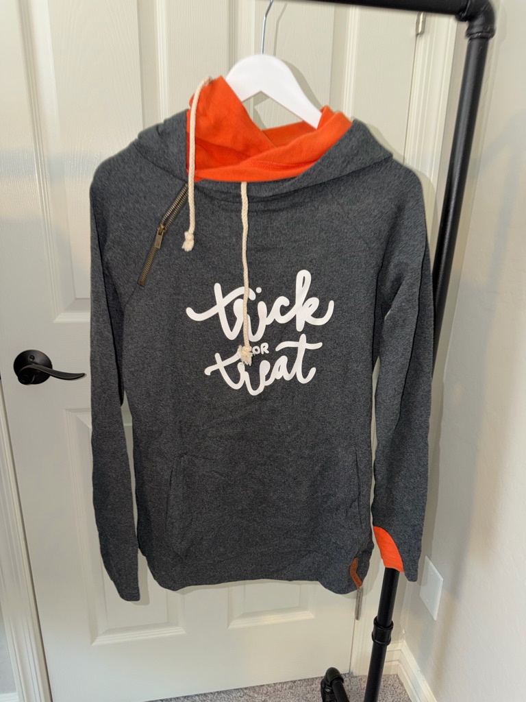 Ampersand Ave Charcoal Hoodie With Orange Lining "Trick Or Treat"